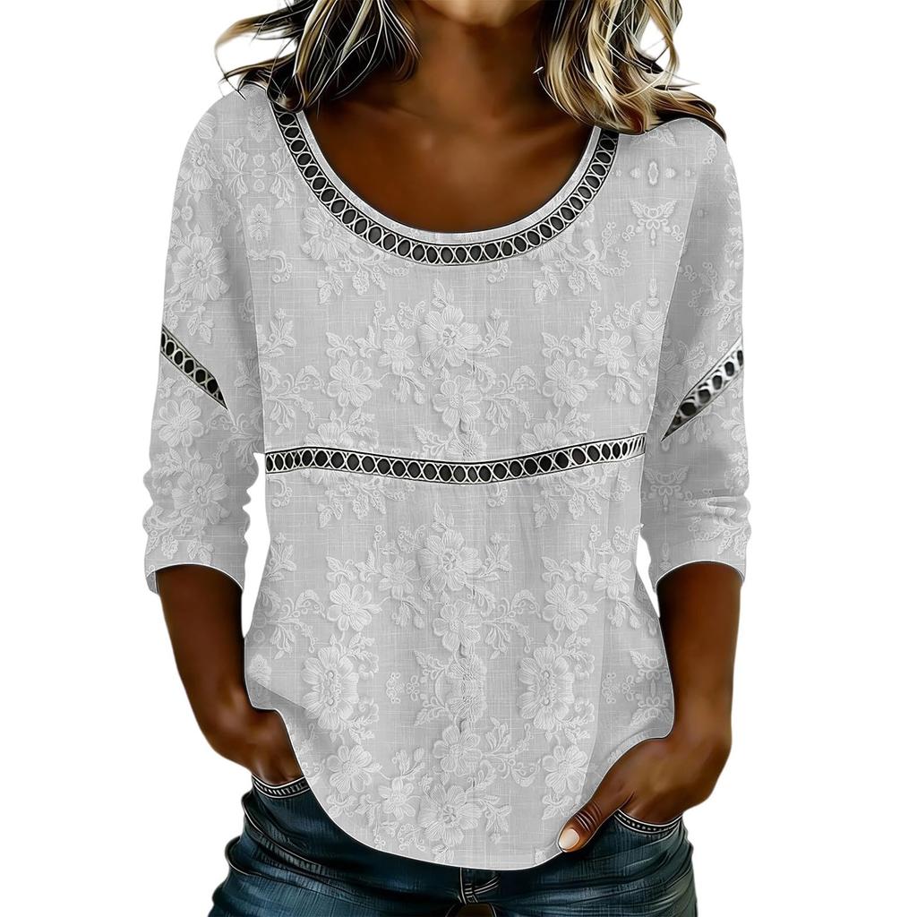 Women's Fashionable Casual Floral Print Seven Quarter Sleeved Round Neck T-Shirt Top
