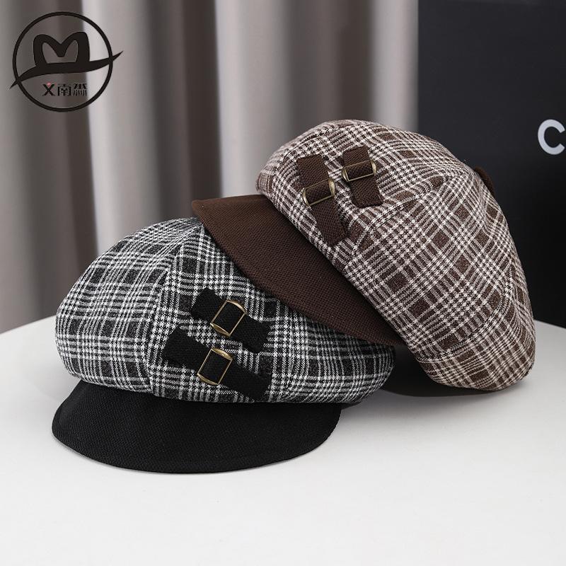 Early spring hat women's new autumn and winter octagonal hat versatile British retro plaid Bere newsboy hat