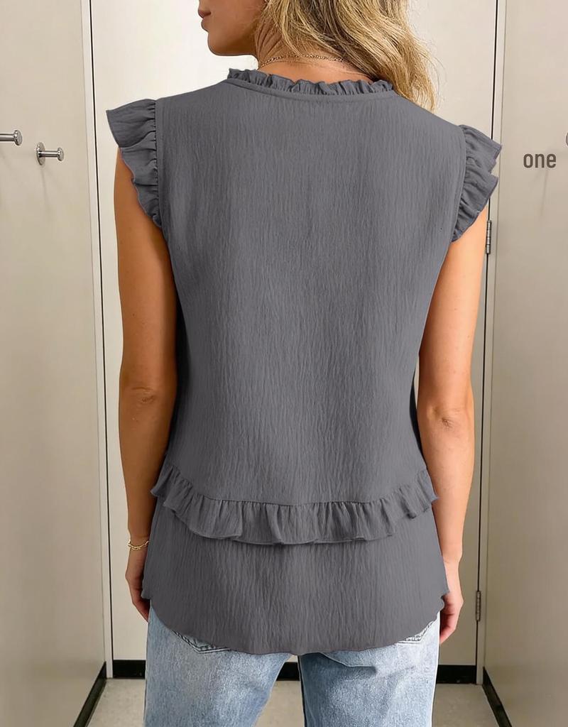 European and American Exclusive 2026 Spring/Summer V-neck Ruffle Patchwork Slimming Chiffon Sleeveless Women's Top