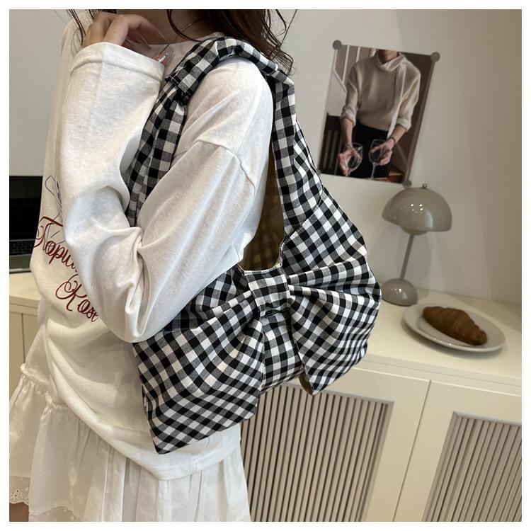 1Pc Summer Korean Retro Plaid Vest Bag Large Capacity Shoulder Bag Light Shopping Bag Versatile Canvas Bag Female Student