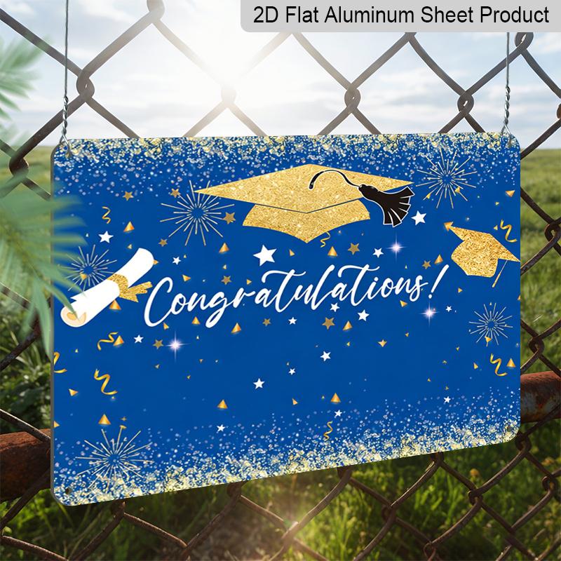 2D Flat, 1pc "Congratulations" Graduation Aluminium Sign 8x12 Inch - Royal Blue & Gold Glitter Grad Cap Design, Sparkling Star & Scroll Decor