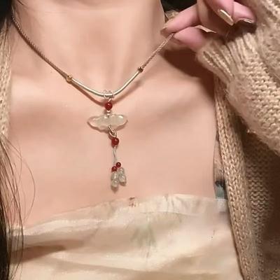 New Chinese Lotus Jade Fringed Pendant Braided Rope Necklace Antique Cheongsam Decorative National Style Hanfu Chain Versatile
