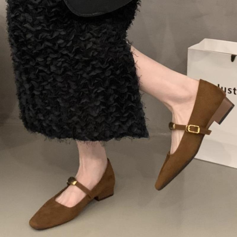Women's Coarse Heel Shoes Spring New Square Head Shallow Mouth Suede Metal Buckle Anti-slip Wear-resistant Low-top Shoes