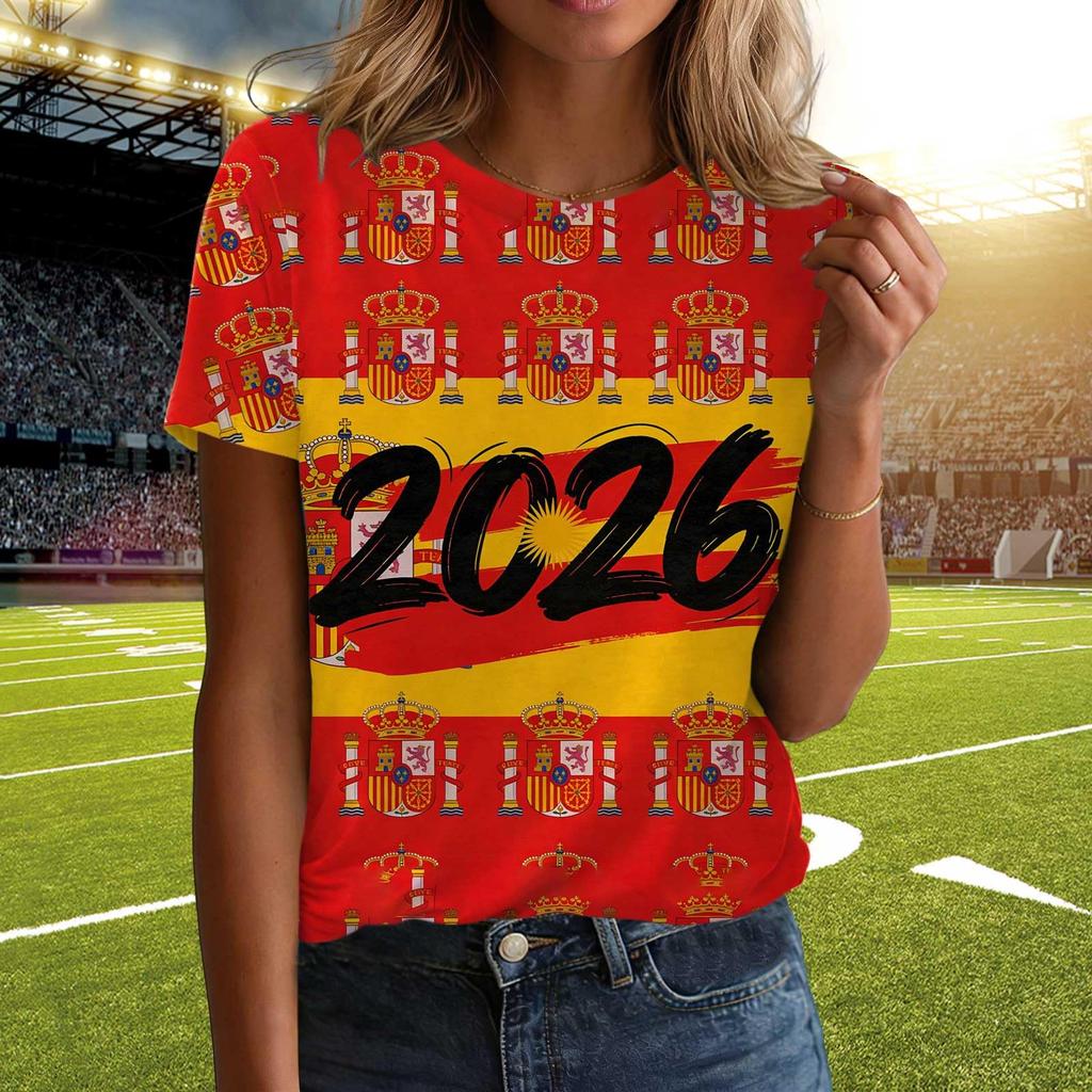 Women Casual Pullover T Shirt Short Sleeve Crew Neck Letter Print Top for Spain 2026 Soccer Support Fans