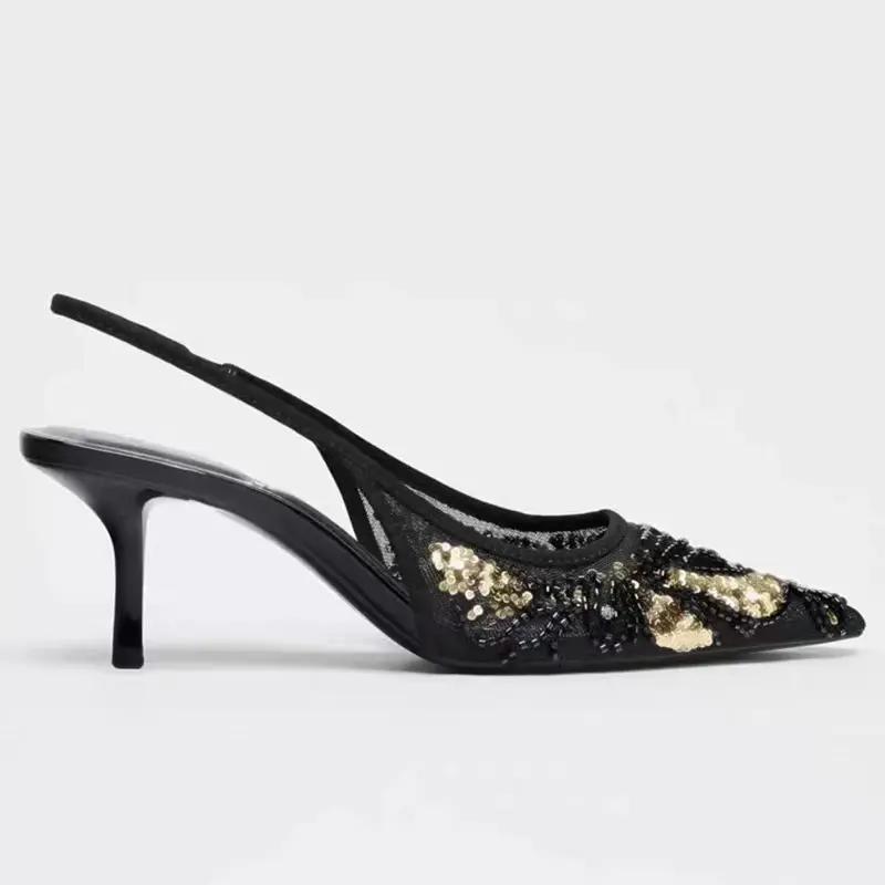 Fashion Bling Black Mesh String Bead Embellish Brand Pumps Women Elegant Pointed Toe Back Strap Thin Heel Slide Sandals Party Dress Shoe