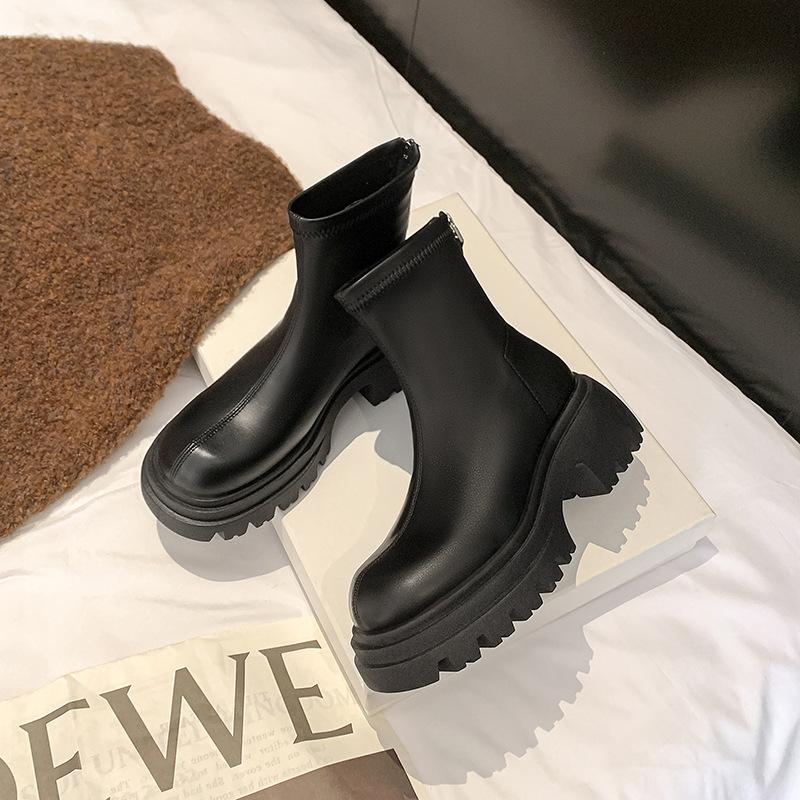New spot leather black platform Martin boots women's 2025 thin boots high heel short boots small ankle boots increase