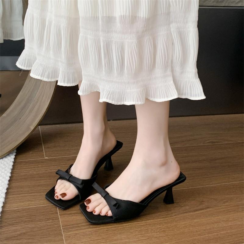 Designer Women Heeled Mules Sandals Soft Leather High Heels Summer Shoes for Women Slippers Vintage Open Toe Slides