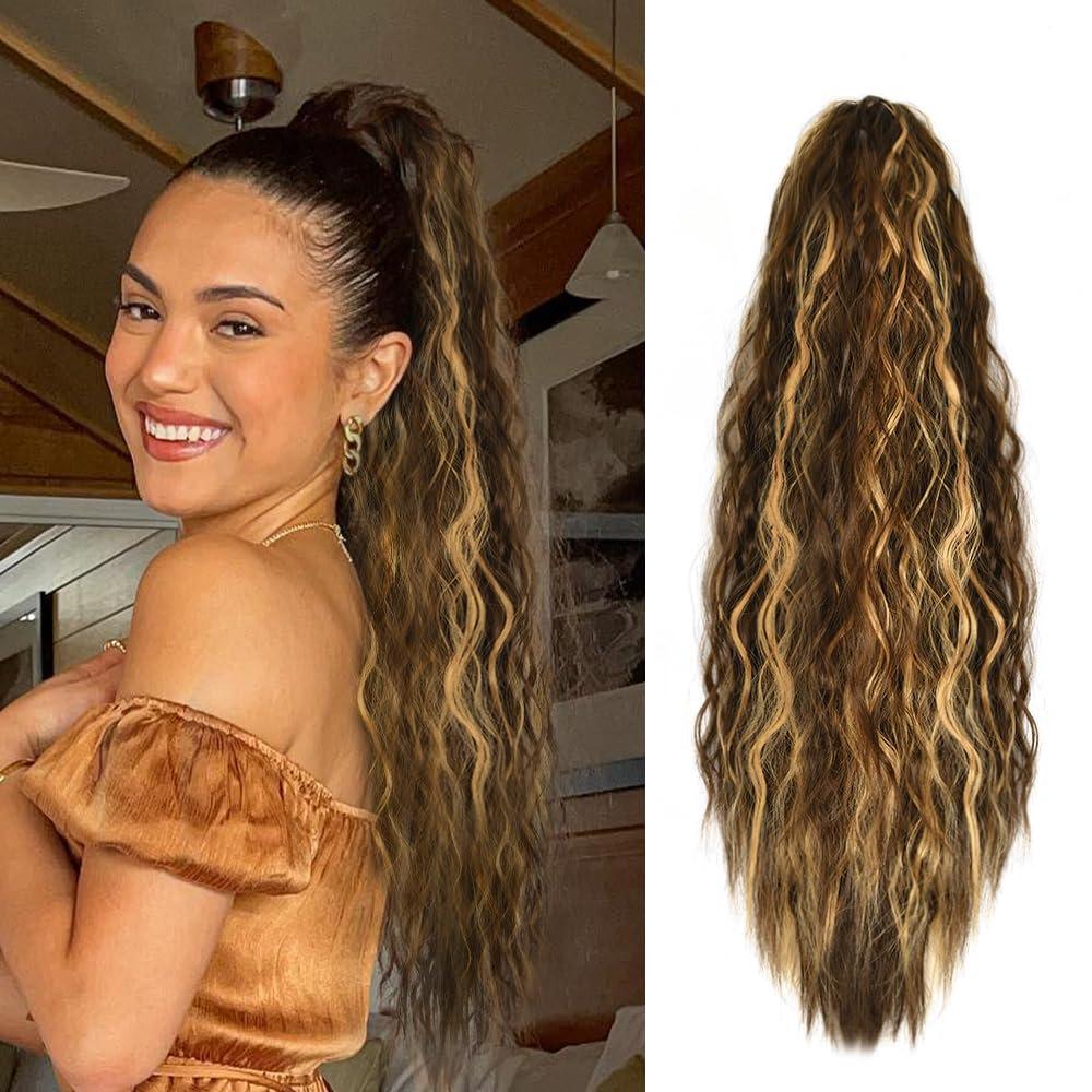 Women's 26 Inch Water Wave Claw Clip Ponytail - Natural-Looking Heat-Resistant Synthetic Hair