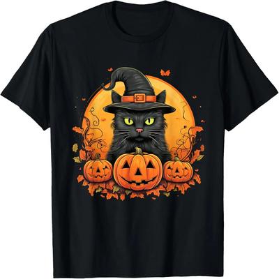 Retro Black Cat Halloween Pumpkin Costume For Women Men Kids T-Shirt