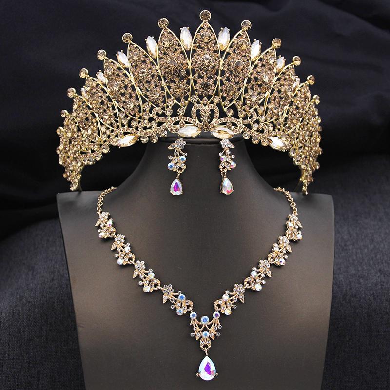 Quality Blue Tiaras and Crowns Bridal Jewelry Sets for Women Prom Wedding Crown necklace earrings Set Costume Accessories