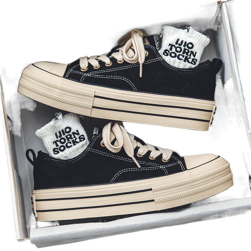 Canvas autumn design sense niche casual board shoes middle school students sports thick sole heightening black cloth shoes