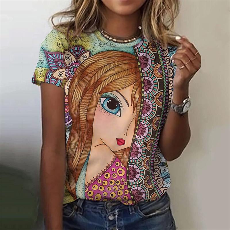 Classic Girls Face Painting 3D Graphic Tee Fashion Floral Print T Shirts For Woman Girl Street Harajuku Colorful Tshirt Tops