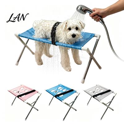 Dog Nail Trimming Helper Grooming Hammock Stand, Pet Wash Station with Mesh Platform, Easy Setup Sling Foldable Stainless Steel 8-Hole Table for Cats