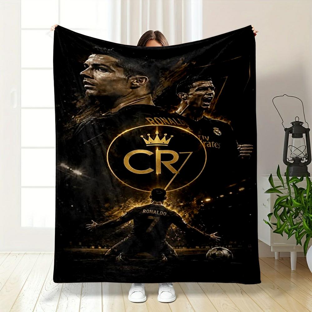 CR7 Cristiano Ronaldo Gold Crown Black Real Madrid Throw Blanket for Sofa Couch Decor