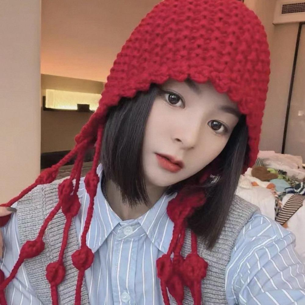 Ladies' Hats New Hand-Knitted Floral Braid Knit Hat for Women Retro Warm and Stylish Fringe Hat Trendy