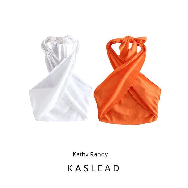 Kaslead New Arrival Women's Clothing Fashion Style Stylish Simple and Versatile Two-Color Cotton Linen Halterneck Short Tops