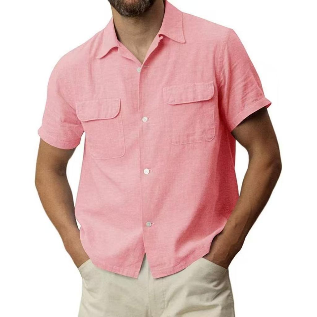 Camicia Casual da Uomo a Maniche Corte Monocolore con Bottoni, Top da Uomo in Cotone e Lino con Tasca e Revers