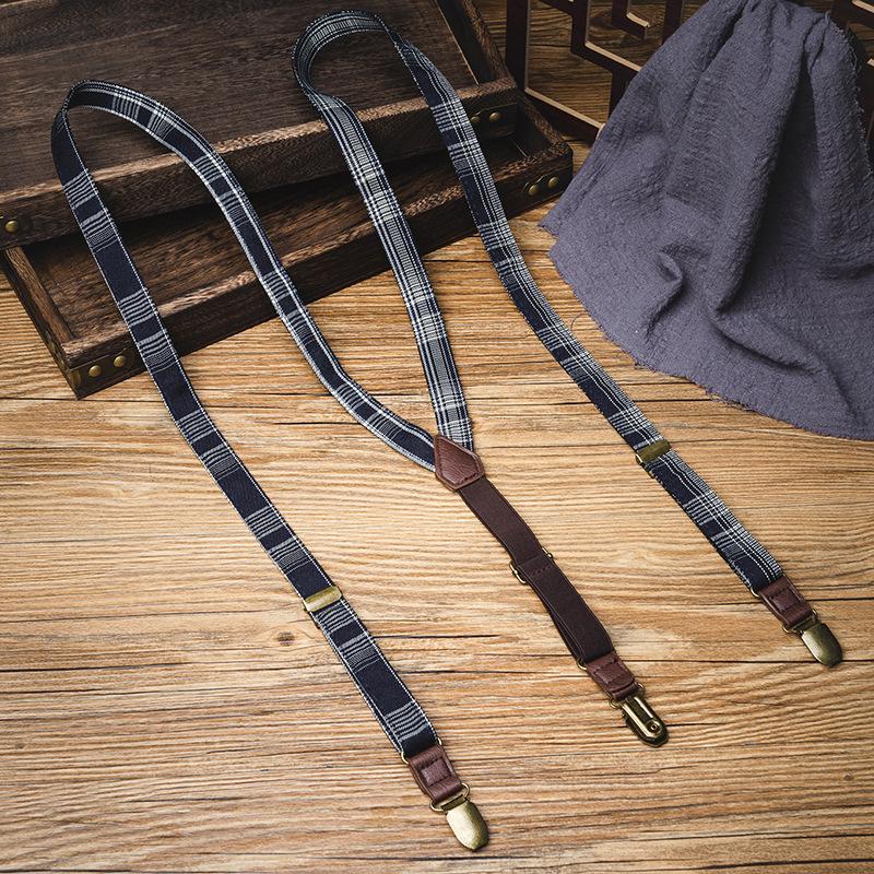 Retro Plaid Y-Shape Suspenders with Strong Three-Jaw Clips for Adults