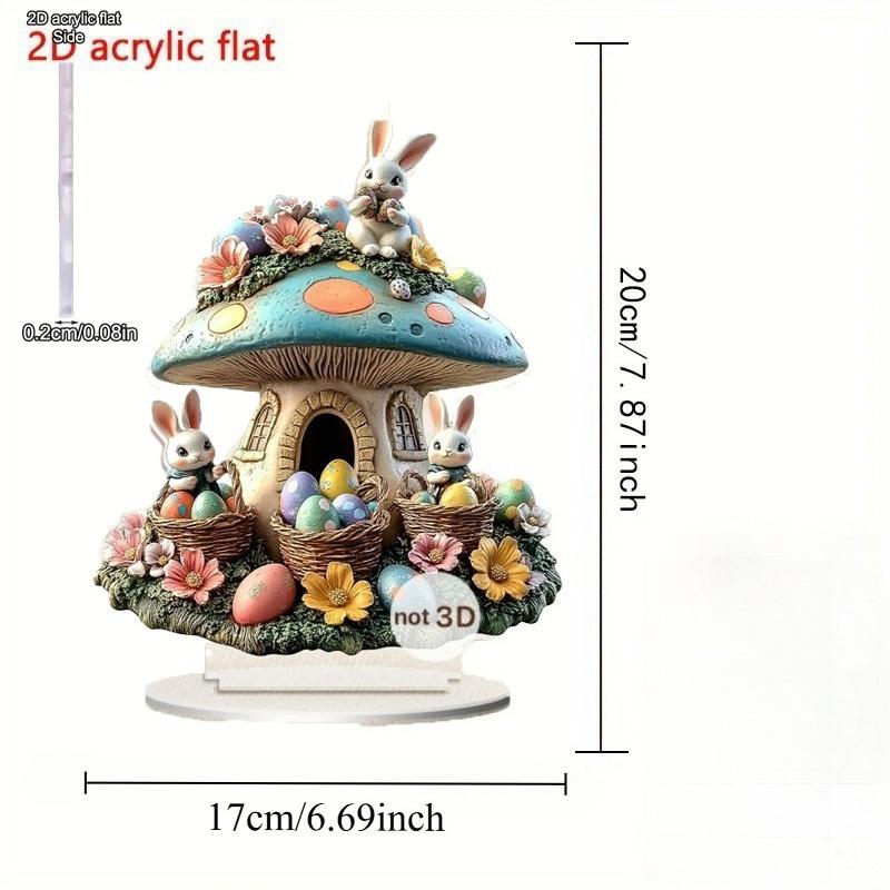 2D Flat, Easter Cute Rabbit Mushroom House Acrylic Desktop Decoration, with Base, Suitable for wall decoration, porch, room, villa, accents Home, Hall