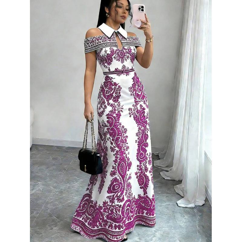 Europe, America 2026 summer new elegant printing pure desire temperament off the shoulder neck fishtail dress S