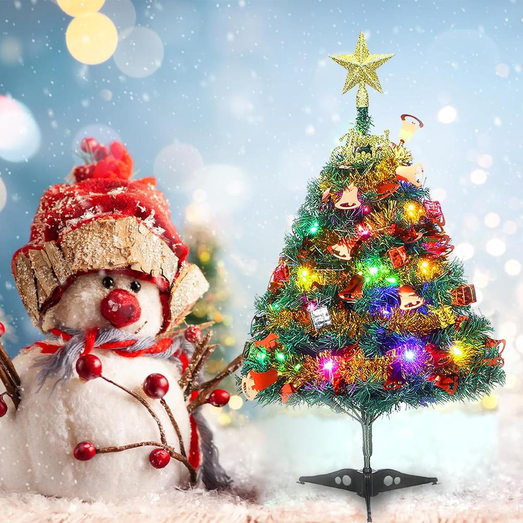 24"/60cm Tabletop Xmas Tree, Artificial Mini Christmas Pine Tree with LED String Lights & Ornaments