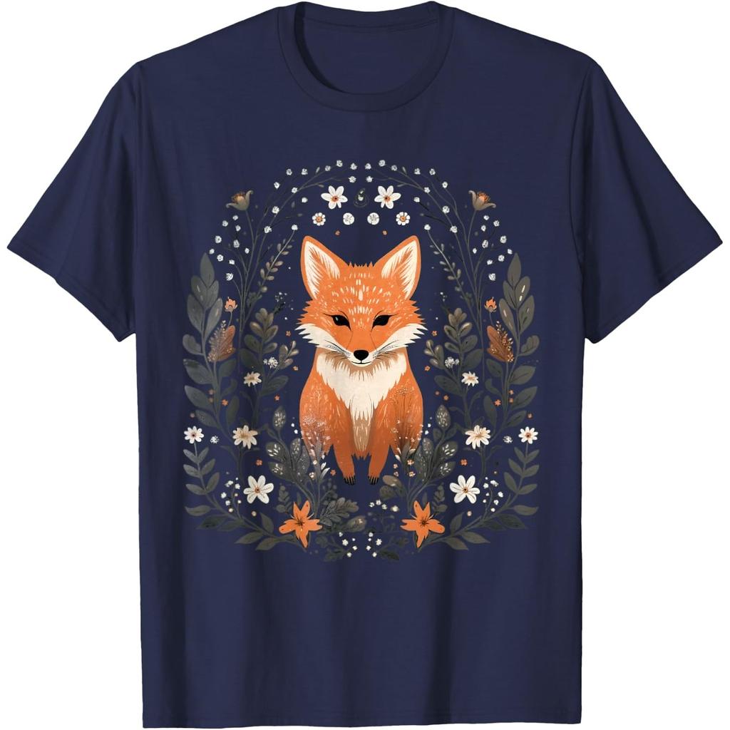 Cottagecore Floral Fox Aesthetic Graphic Tee for Unisex Casual Short Sleeve T-Shirt