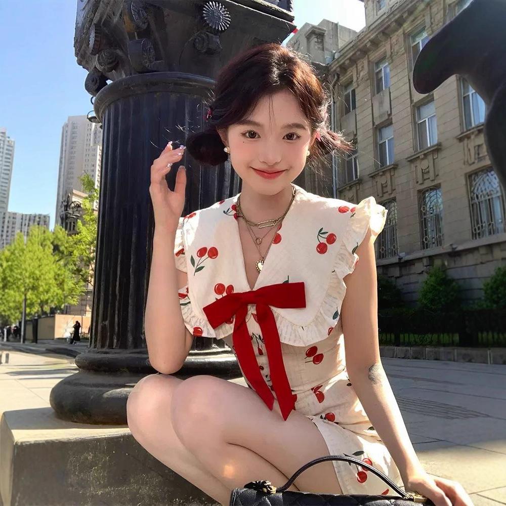 Korean sweet girl cherry print lapel dress women's summer new waist thin super fairy skirt