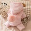 Outdoor Dog Apparel Hooded Plaid Pet Jumpsuit, Four Legged Apparel, Cozy Hoodie with Small Winter Coat Pompom, Plush Lined Onesie Clothes for