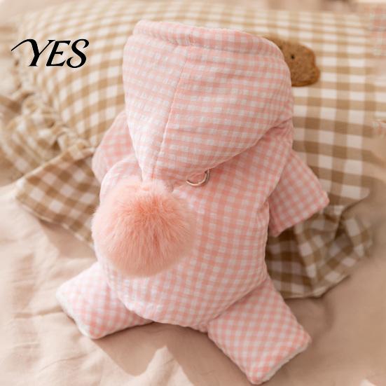 Outdoor Dog Apparel Hooded Plaid Pet Jumpsuit, Four Legged Apparel, Cozy Hoodie with Small Winter Coat Pompom, Plush Lined Onesie Clothes for