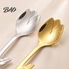 Glossy Metal Cutlery Tulip Shaped Stainless Steel Spoon, Long Handle Coffee Ice Cream Scoop Dessert Serving Spoon with Hanging Hook, Kitchen Flatware