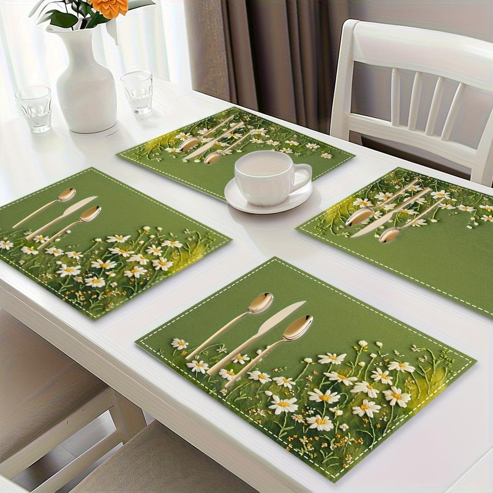 Green Daisy Flower Placemats Nature Floral Table Mats Set Washable Kitchen Dining Decor Linen Coaster