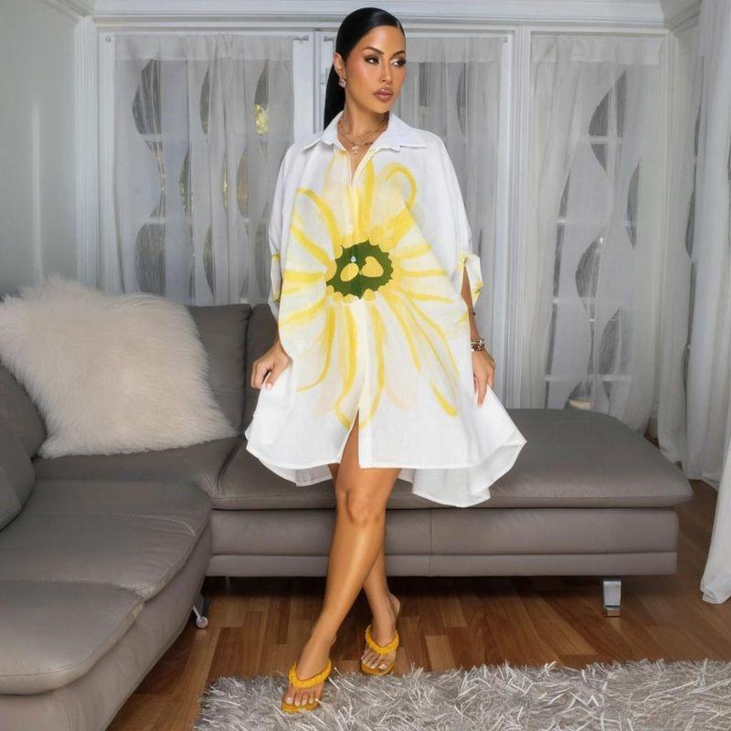 

Cy901788 European and American Women s Clothing Casual Fashionable Print Shirt Cardigan Dress Lapel Print Midi Skirt Yellow S
