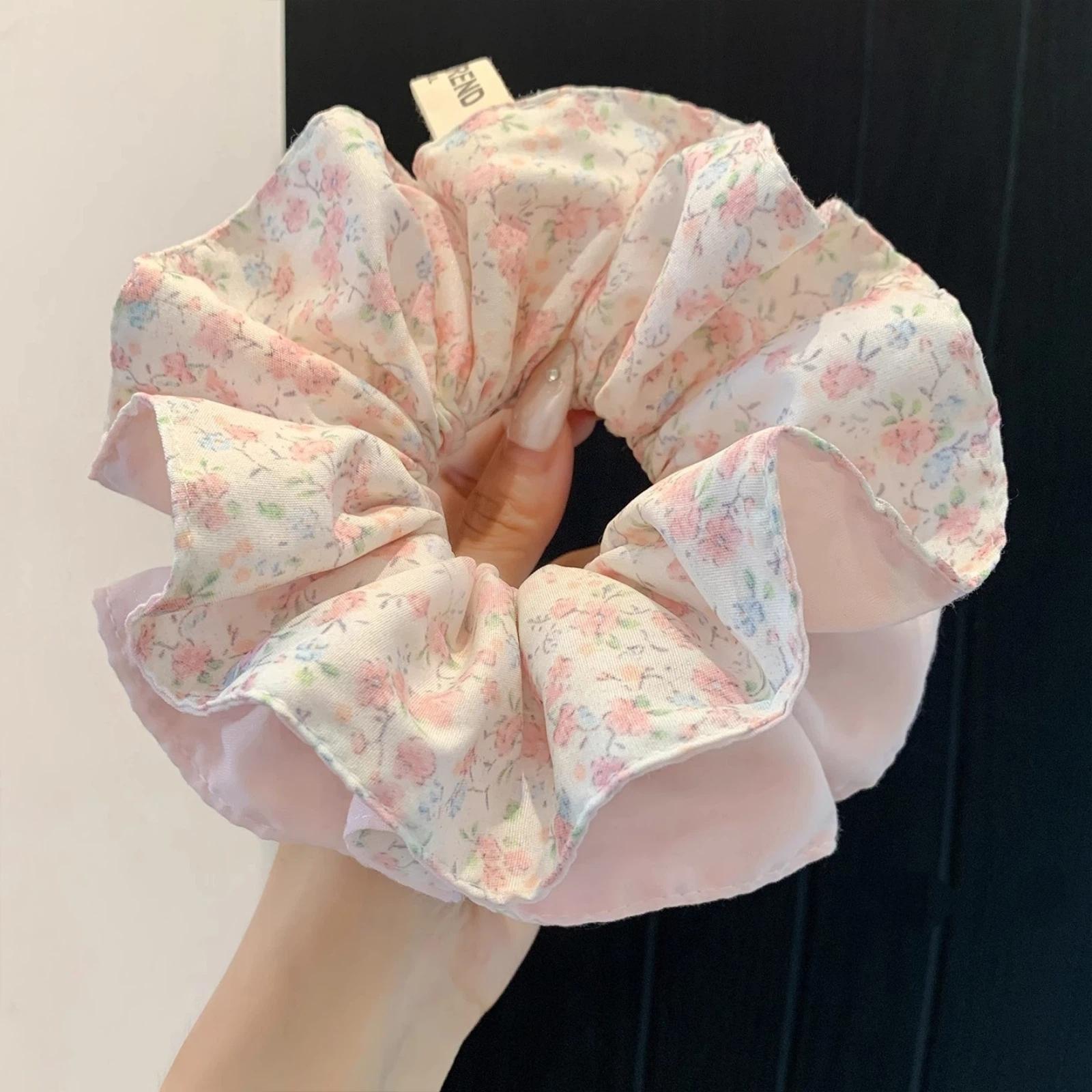 1PCCute Pink Floral Ruffled Scrunchies For Women Vintage Ditsy Floral Print Double Layer Hair Ties Soft Cotton Elastic Hair Band