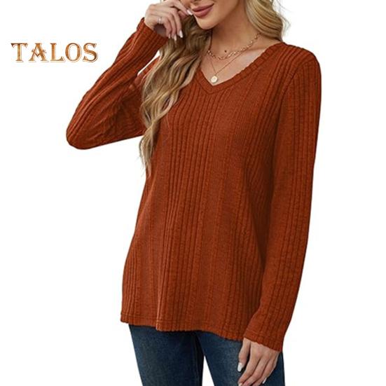 Women Tunic Sweater V-Neck Long Sleeve Solid Color Ribbed Casual Tops Slim Fit Knitted Loose Fit Fall Tops