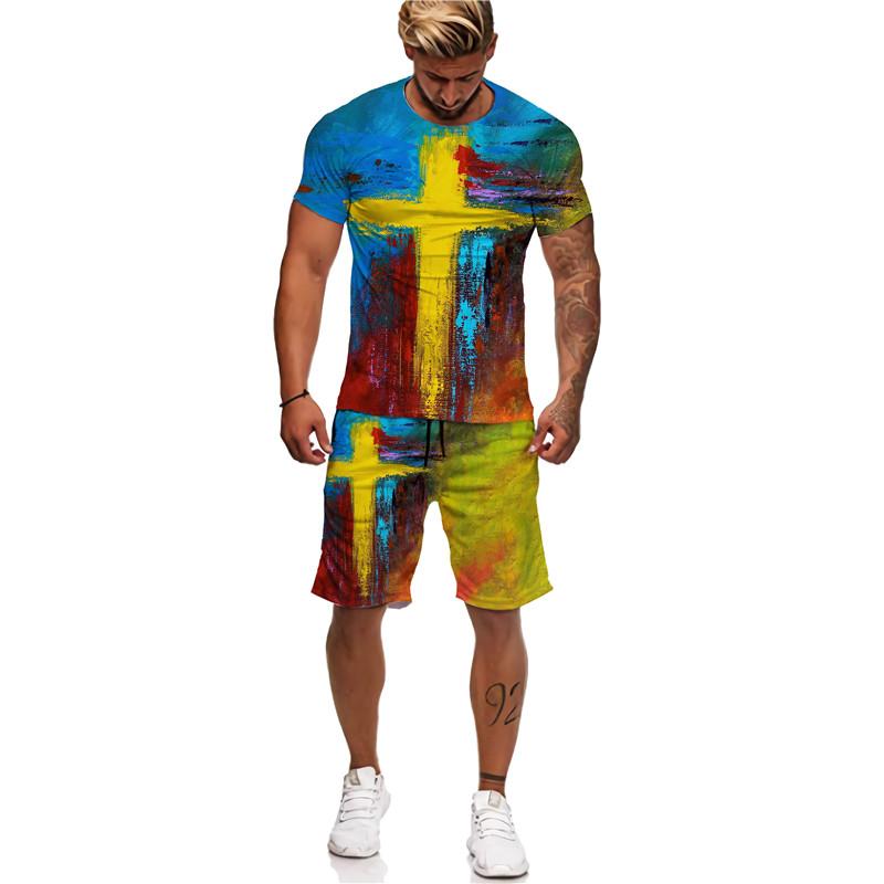 3D Jesus Loves Everyone Křesťanské tričko Léto Pánský oblek Krátký rukáv Šortky Lion Cross Print Streetwear 2 kusy Activewear