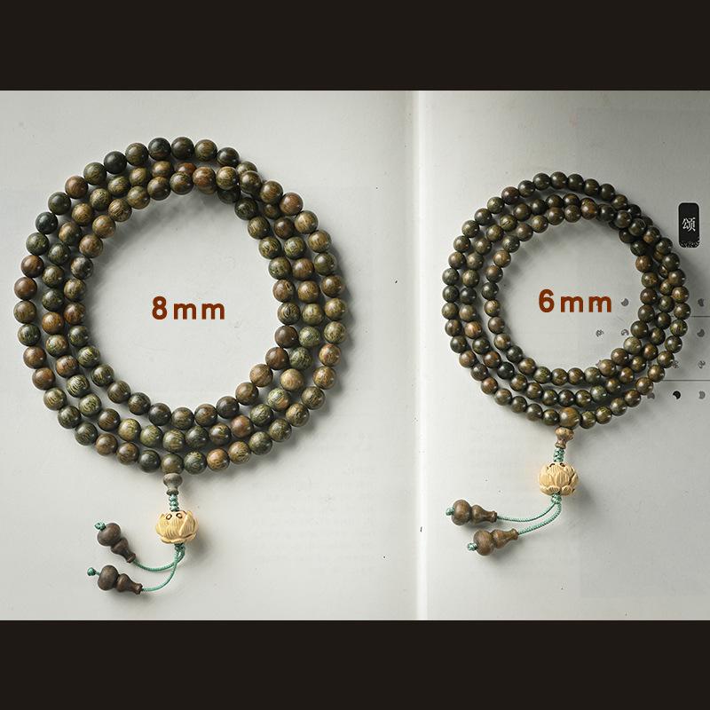 Green Sandalwood Bracelet Sandalwood108Buddhist Bead Bracelet Made of Boxwood with Lotus Design, Multi-strand Necklace for Couples, Prayer Beads