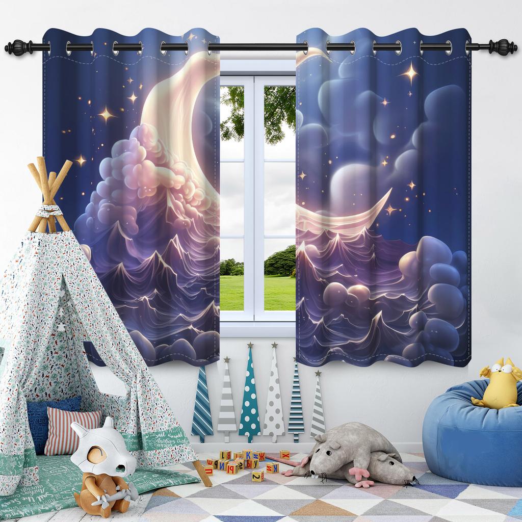 Night Starry Sky Moon Stars Milky Way Blackout Curtains Children'S Bedroom Heat Insulation Noise Reduction Window Drapes 2Pcs