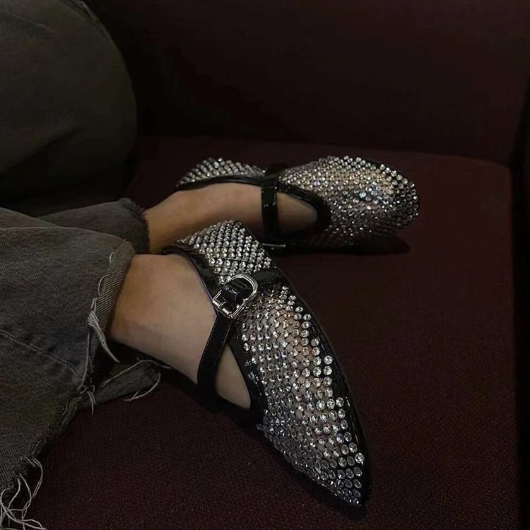 Haute couture version~ niche temperament hollow rhinestone ballet shoes 2025 new women's versatile one-word buckle shallow mouth single shoes