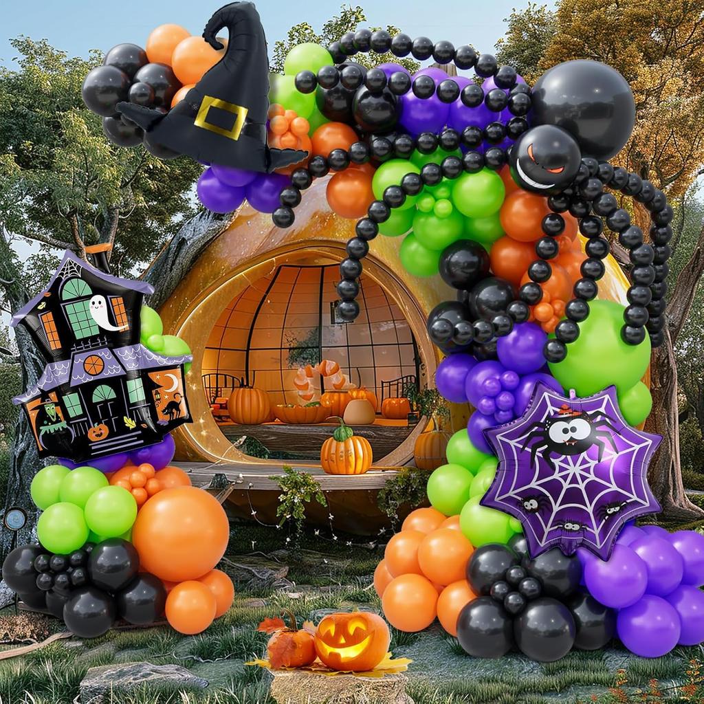 Bonropin 175pcs Halloween Balloon Garland Arch kit with Black Orange Green Purple Balloons Spider Balloons Halloween Foil Balloons for Halloween