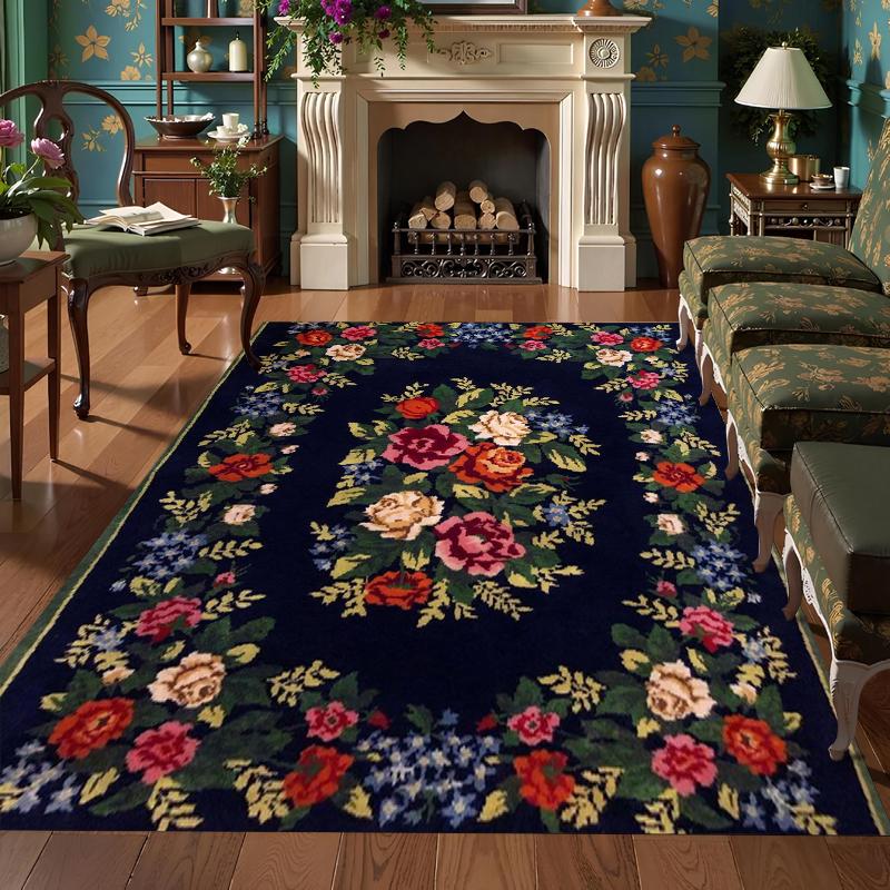 Vintage Floral Carpet Mat Rug Luxurious Black Base with Vibrant Red Yellow Flowers for Living Room Bedroom Home Decor
