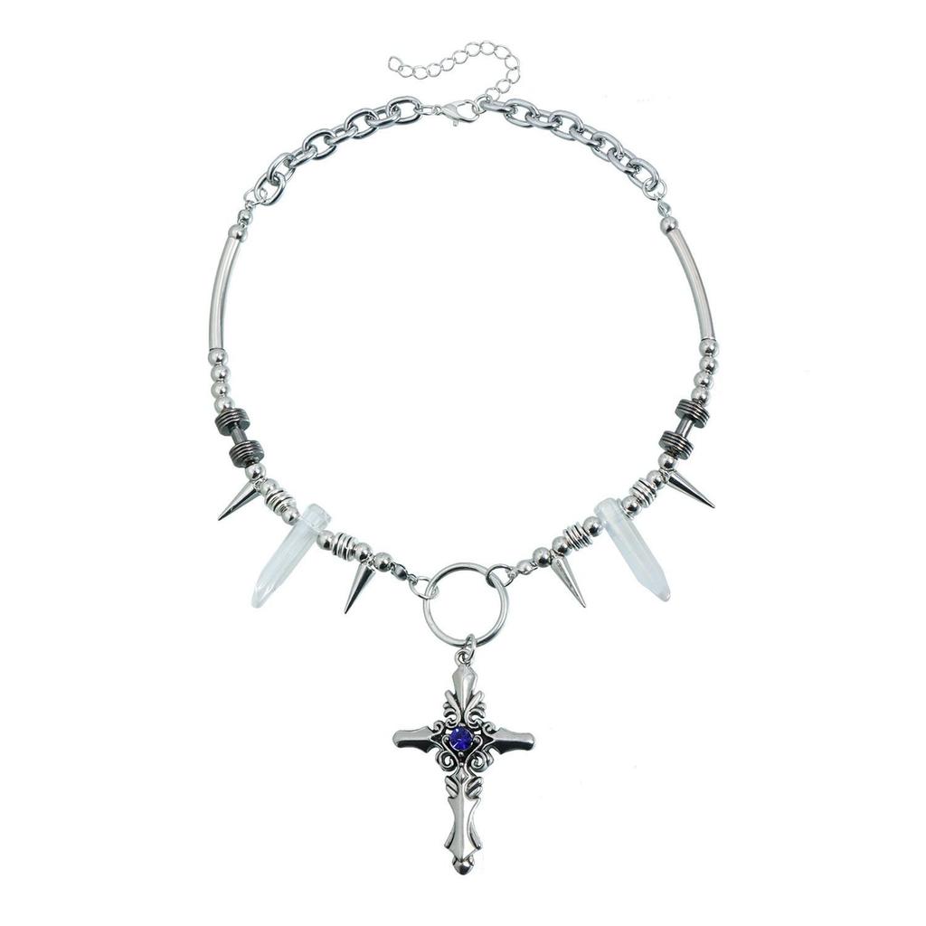 Cross-Border Dark Punk Rhinestone Cross Necklace with Cone Patchwork