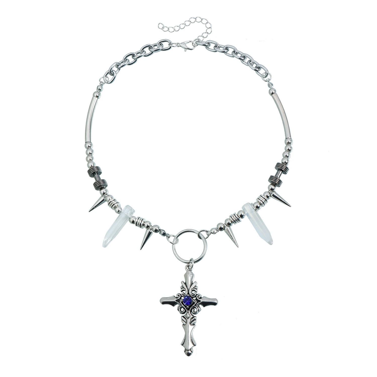Cross-Border Dark Punk Rhinestone Cross Necklace with Cone Patchwork