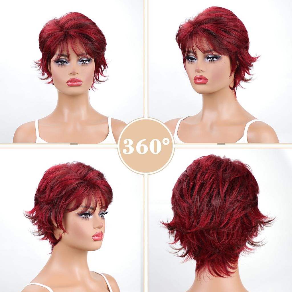 Parrucche Sintetiche con Frangia per Donna Capelli Corti Naturali Mossi Ricci Rosso Vino Parrucca Quotidiana da Festa Cosplay Parrucca Femminile in Fibra ad Alta Temperatura