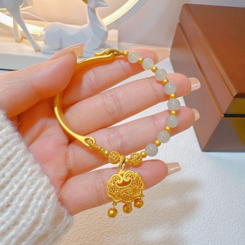 Hydrangea Crescent Bangle: Vietnam Sand Gold Imitation Hetian Jade Ruyi Longevity Lock Bracelet