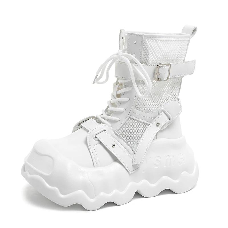 

Fashion 8CM Women s Leather Ankle Boots Summer Heels Chunky Sneakers High Platform Zip Motorcycle Fashion Big-headed Short Boots Woman 35 белый