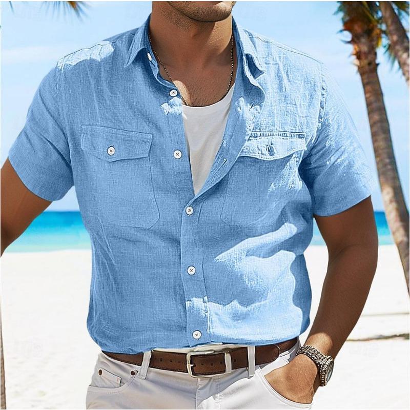 Men's Linen Summer Shirt Beach Solid Color Lapel Spring Summer Street Daily Clothing Clothing Pocket