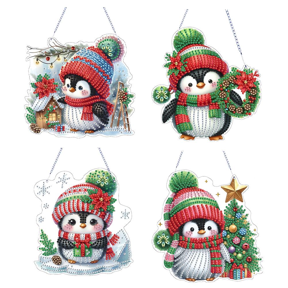 4pcs Xmas Theme 2D/Flat DIY Diamond Painting Set Hanging Diamond Art Kits Diamond Art Pendant DIY Home Decor Hanging Charm