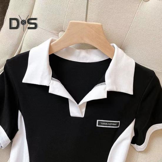 Dámské mini košilové šaty s krátkým rukávem, barevně blokované šaty s límečkem, letní ležérní šaty s výstřihem do V, bodycon šaty, párty klubové krátké šaty