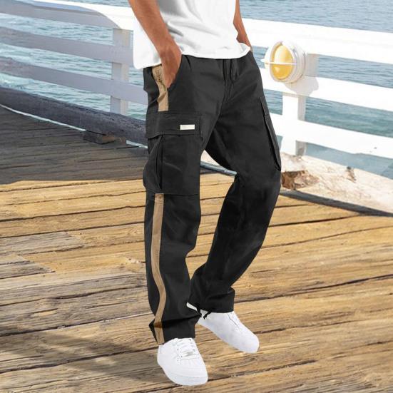 Men Pants with Multi Pockets Drawstring Elastic Waist Wide Leg Loose Cargo