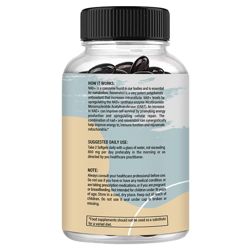 NAD+ 500 mg Nahrungsergänzungsmittel, Mit Trans-Resveratrol, 120 Weichkapseln pro Flasche
